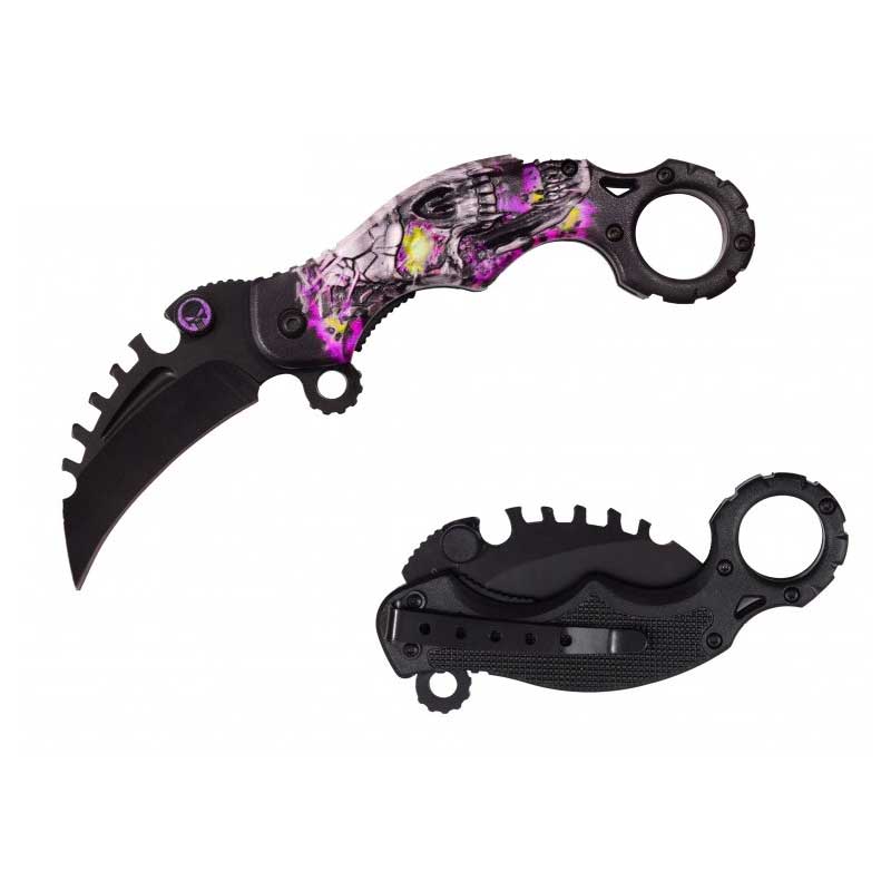 Pink Skull Karambit Reverse Sawblade Spring Assist Folding Pocket Knife Collectible Weapons - Tophatter Daily Deals