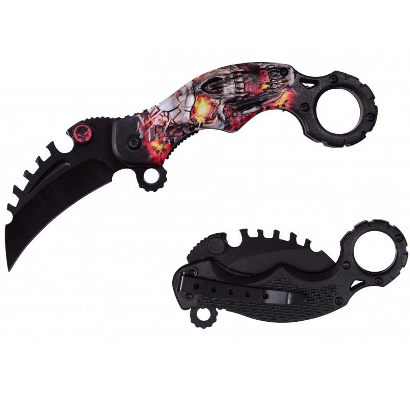 Red Skull Karambit Reverse Sawblade Spring Assist Folding Pocket Knife - TOPHATTER'S ARMORY DEALS Collectible Weapons - Tophatter Daily Deals