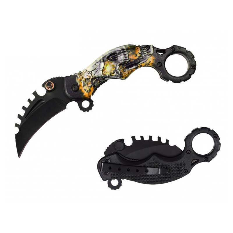 Yellow Skull Karambit Reverse Sawblade Spring Assist Folding Pocket Knife - Tophatter's Guns'N'Weapons Store Collectible Weapons - Tophatter Daily Deals