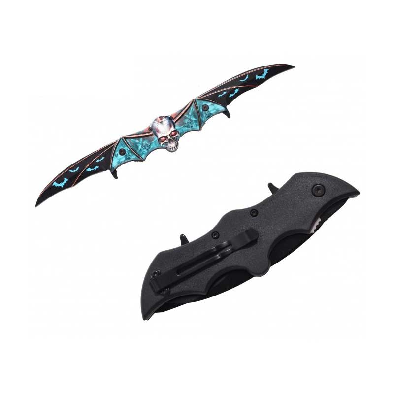 Blue Zombie Skull Tactical Dual Blade Fantasy Bat Spring Assist Knife - Tophatter's Inc. Weapons Store Online Collectible Weapons - Tophatter Daily Deals
