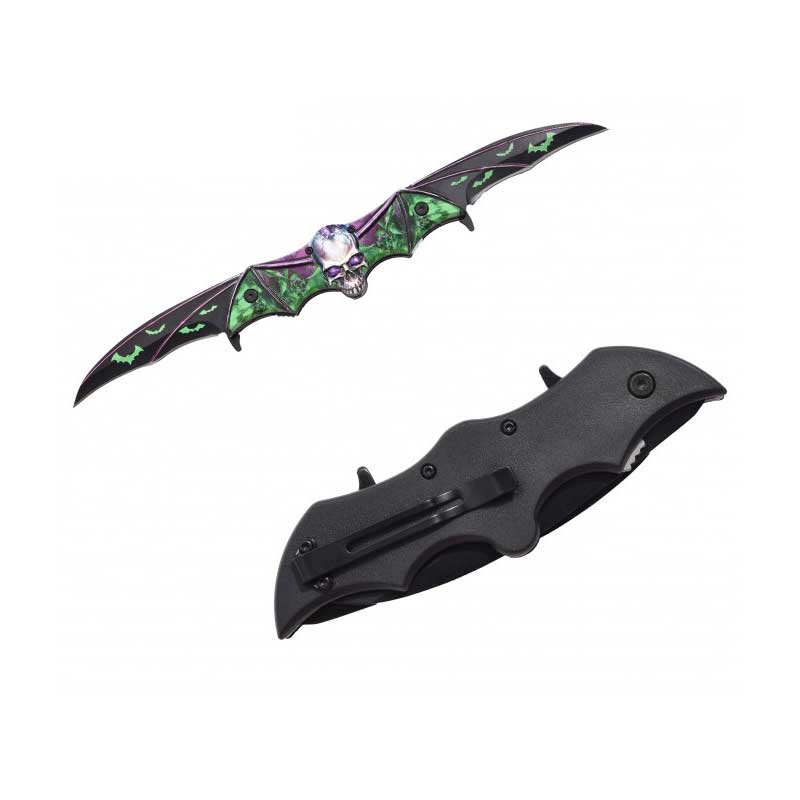 Green Zombie Skull Tactical Dual Blade Fantasy Bat Spring Assist Knife - Tophatter's Guns'N'Weapons Store Collectible Weapons - Tophatter Daily Deals
