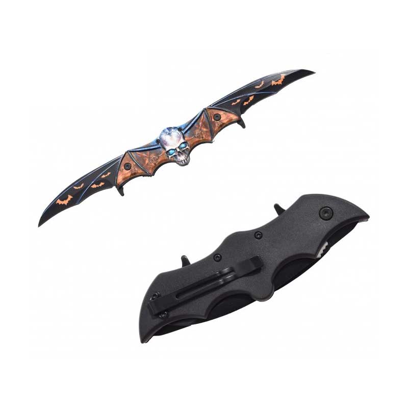 Orange Zombie Skull Tactical Dual Blade Fantasy Bat Spring Assist Knife - Tophatter's Guns'N'Weapons Store Collectible Weapons - Tophatter Daily Deals