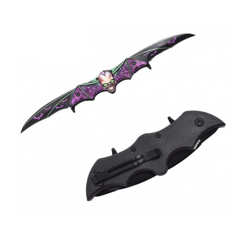 Purple Zombie Skull Tactical Dual Blade Fantasy Bat Spring Assist Knife - Tophatter's Inc. Weapons Store Online Collectible Weapons - Tophatter Daily Deals