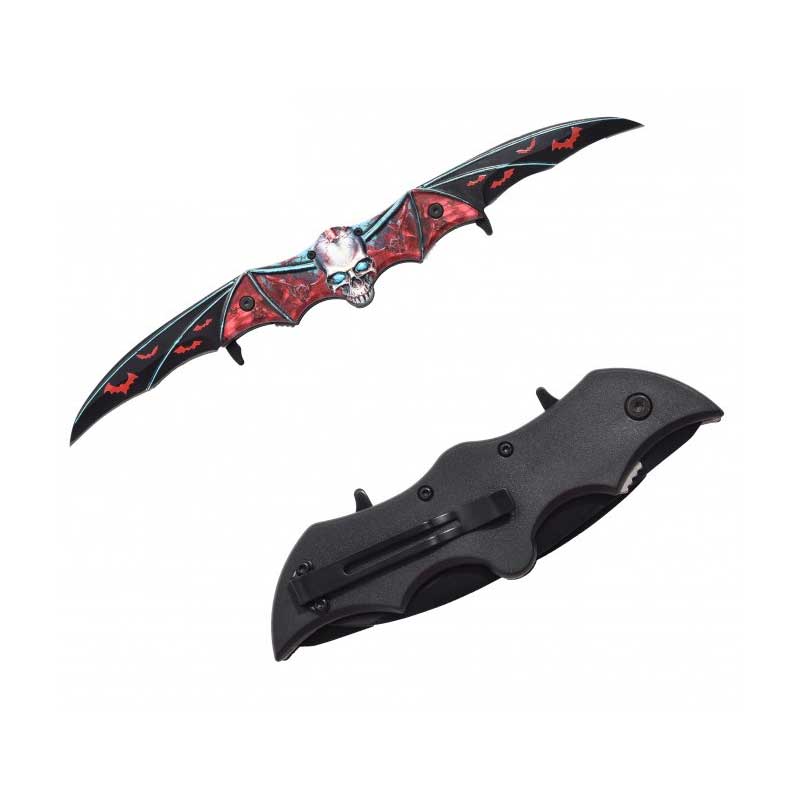 Red Zombie Skull Tactical Dual Blade Fantasy Bat Spring Assist Knife - TOPHATTER'S ARMORY DEALS Collectible Weapons - Tophatter Daily Deals