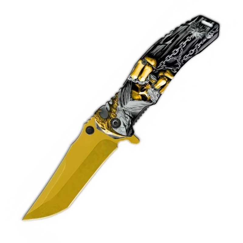 Grim Reaper Chain Spring Assisted Folding Pocket Knife - Gold - TOPHATTER'S ARMORY DEALS Collectible Weapons - Tophatter Daily Deals