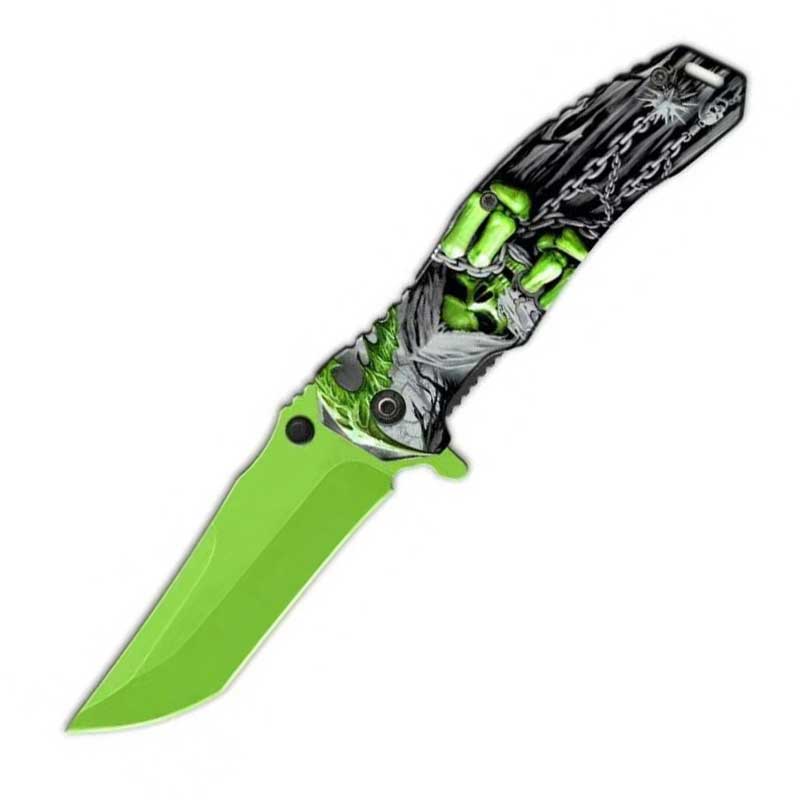 Grim Reaper Chain Spring Assisted Folding Pocket Knife - Green - TOPHATTER'S ARMORY DEALS Collectible Weapons - Tophatter Daily Deals