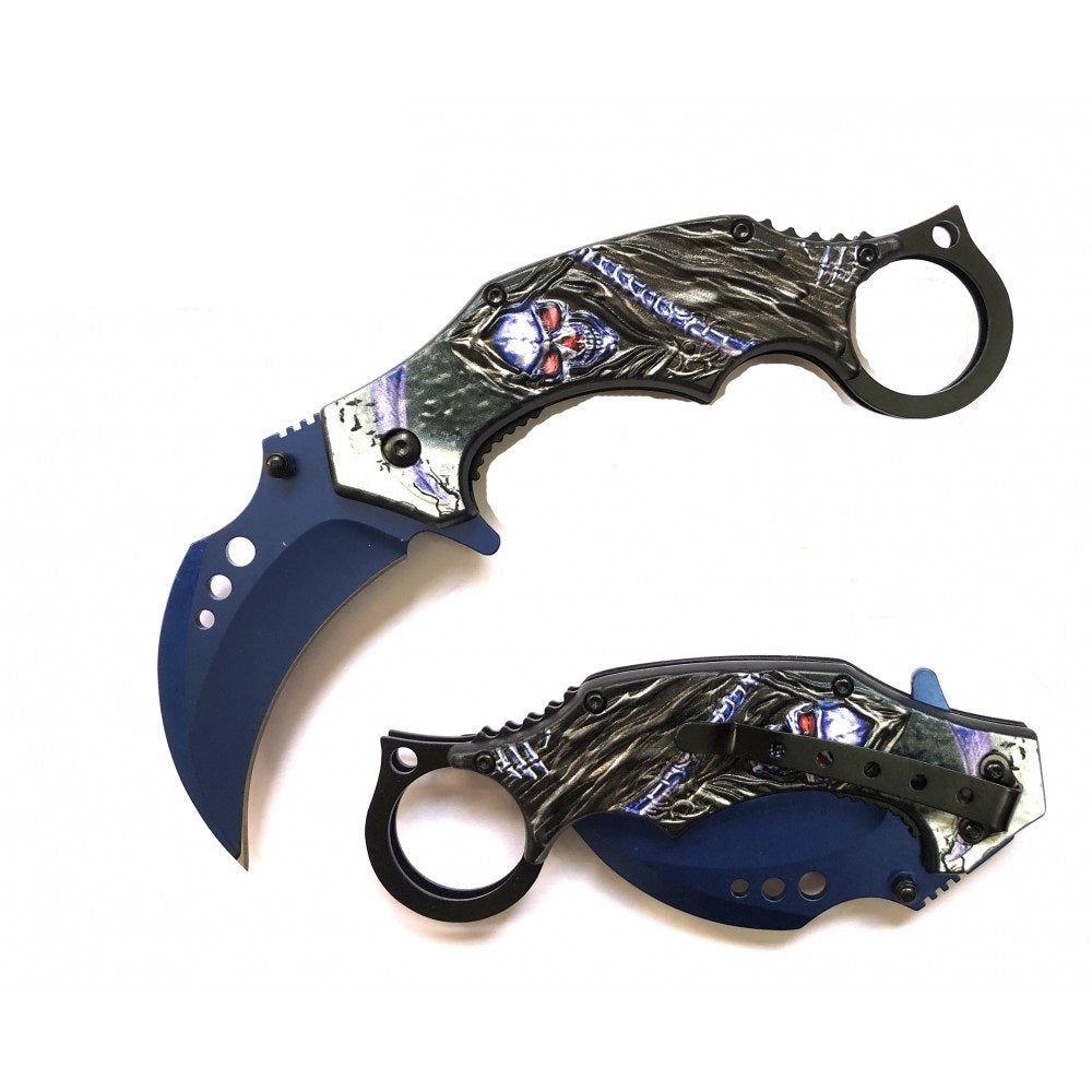 Demon Of Death Grim Reaper Karambit Pocket Knife Flaming Scythe Blue - Tophatter's Guns'N'Weapons Store Collectible Weapons - Tophatter Daily Deals