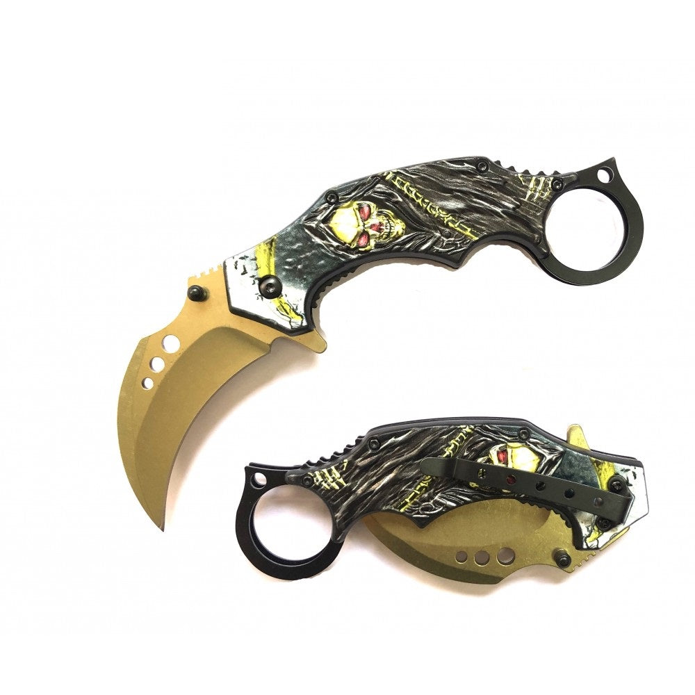 Demon Of Death Grim Reaper Karambit Pocket Knife Flaming Scythe Gold - Tophatter's Guns'N'Weapons Store Collectible Weapons - Tophatter Daily Deals