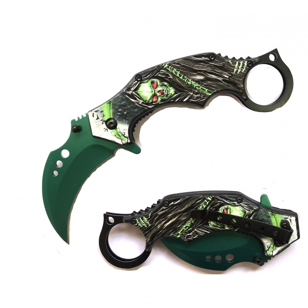 Demon Of Death Grim Reaper Karambit Pocket Knife Flaming Scythe Green - Tophatter's Army Products & Self Defense Collectible Weapons - Tophatter Daily Deals