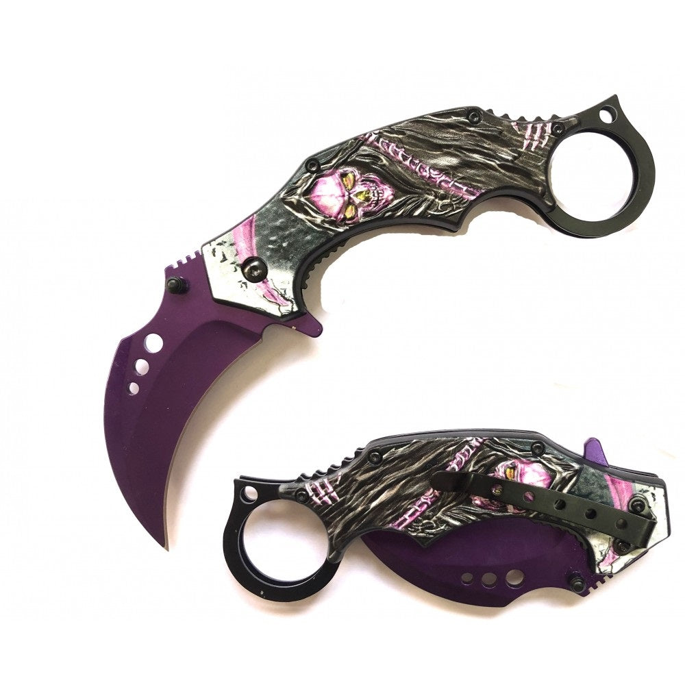 Demon Of Death Grim Reaper Karambit Pocket Knife Flaming Scythe Purple - Tophatter's Guns'N'Weapons Store Collectible Weapons - Tophatter Daily Deals