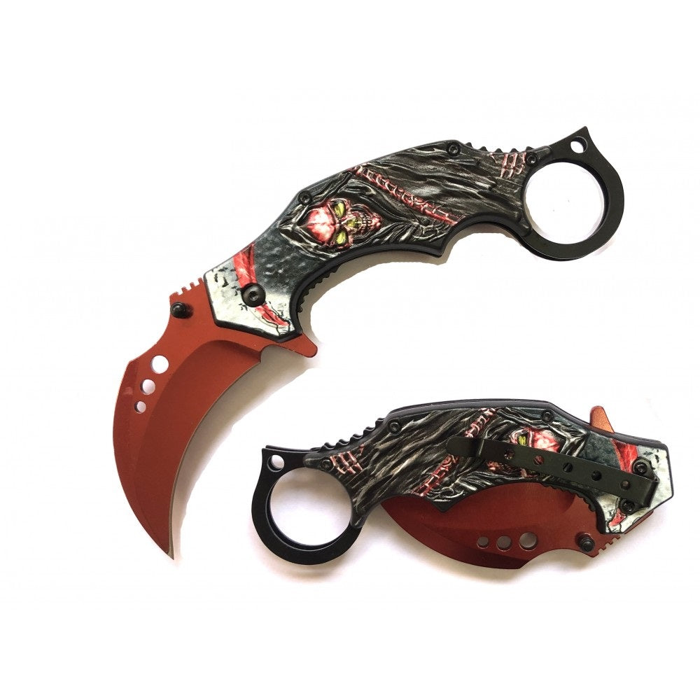 Demon Of Death Grim Reaper Karambit Pocket Knife Flaming Scythe Red - Tophatter's Guns'N'Weapons Store Collectible Weapons - Tophatter Daily Deals