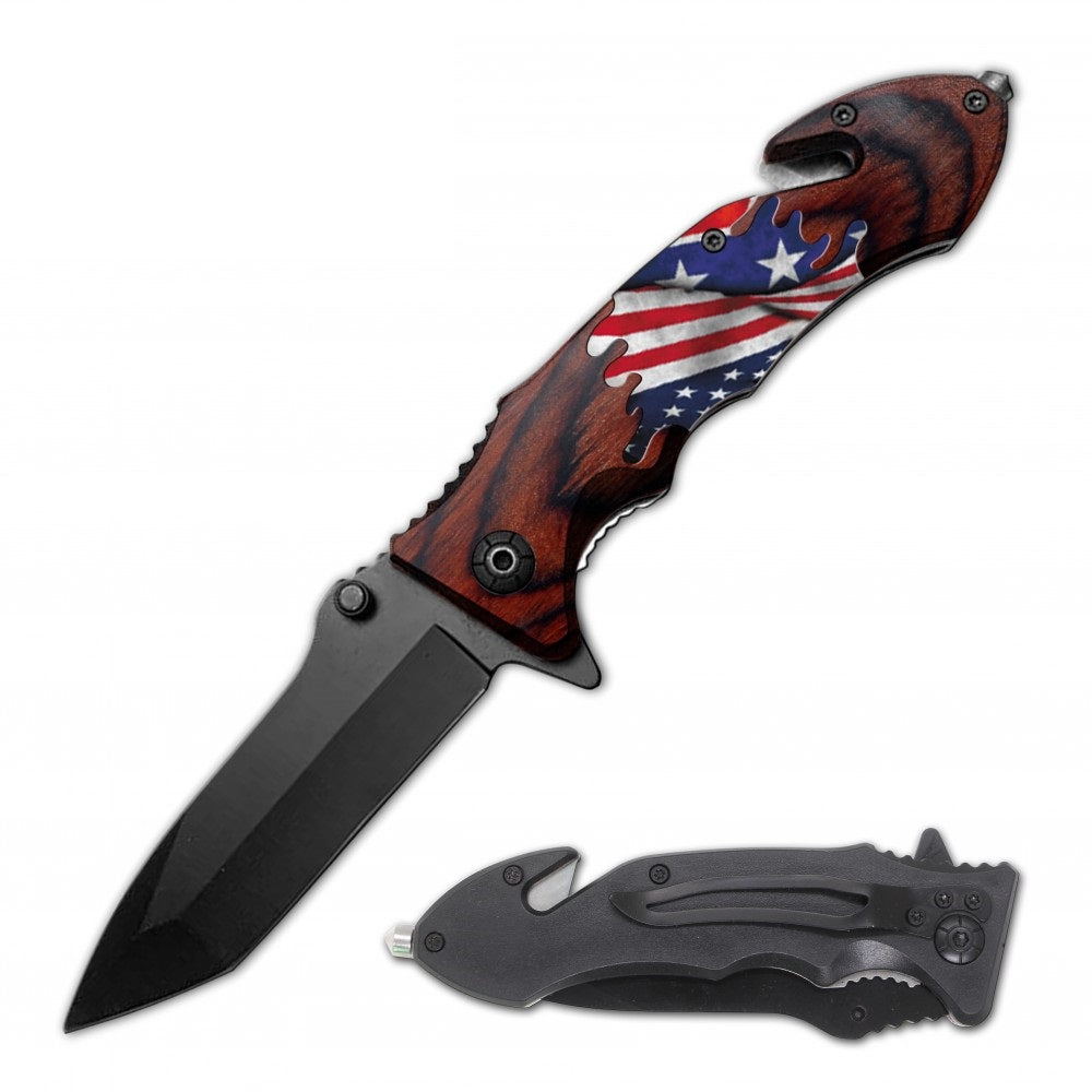 USA Flag Rescue Folding Spring Assist Open EDC Pocket Knife - TOPHATTER'S ARMORY DEALS Collectible Weapons - Tophatter Daily Deals