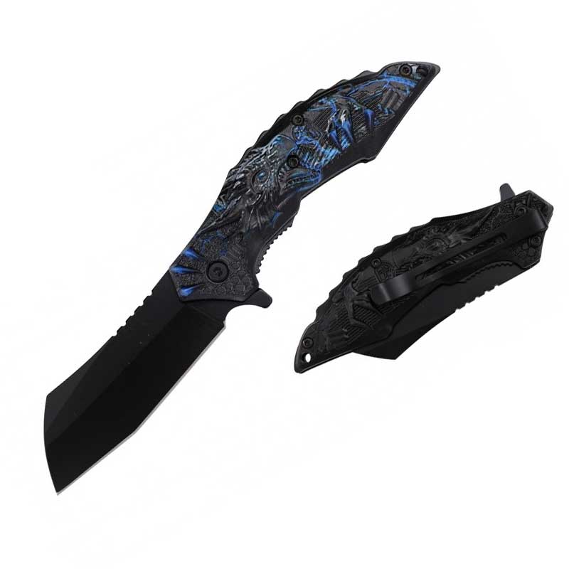 8" Blue Dragon Handle Assisted Open Pocket Knife Cleaver Blade - TOPHATTER'S ARMORY DEALS Collectible Weapons - Tophatter Daily Deals