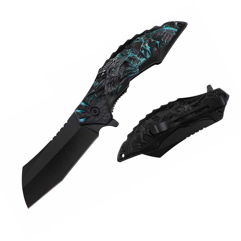 8" Green Dragon Handle Assisted Open Pocket Knife Cleaver Blade - TOPHATTER'S ARMORY DEALS Collectible Weapons - Tophatter Daily Deals