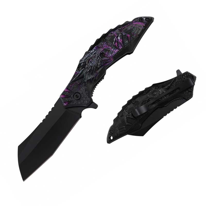 8" Purple Dragon Handle Assisted Open Pocket Knife Cleaver Blade - TOPHATTER'S ARMORY DEALS Collectible Weapons - Tophatter Daily Deals