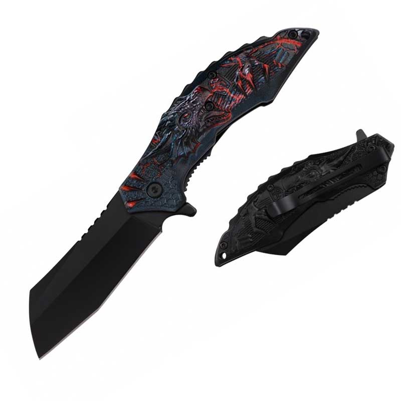 8" Red Dragon Handle Assisted Open Pocket Knife Cleaver Blade - TOPHATTER'S ARMORY DEALS Collectible Weapons - Tophatter Daily Deals