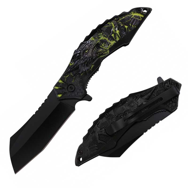 8" Yellow Dragon Handle Assisted Open Pocket Knife Cleaver Blade - TOPHATTER'S ARMORY DEALS Collectible Weapons - Tophatter Daily Deals
