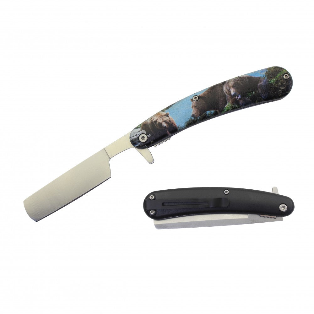 Spring Assist Folding Knife Straight Razor 4" Blade Bear - TOPHATTER'S ARMORY DEALS Collectible Weapons - Tophatter Daily Deals
