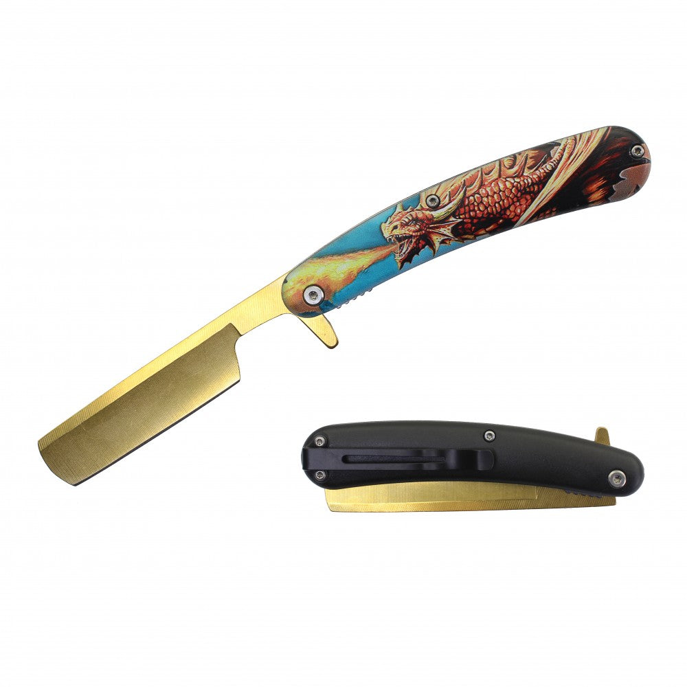 Spring Assist Folding Knife Straight Razor 4" Blade Dragon - TOPHATTER'S ARMORY DEALS Collectible Weapons - Tophatter Daily Deals
