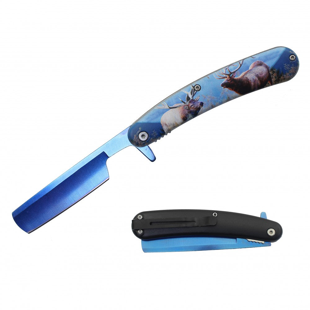 Spring Assist Folding Knife Straight Razor 4" Blade Deer Collectible Weapons - Tophatter Daily Deals