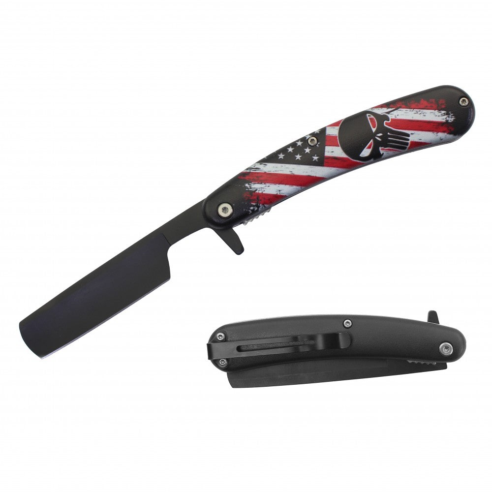 Spring Assist Folding Knife Straight Razor 4" Blade Punisher Collectible Weapons - Tophatter Daily Deals
