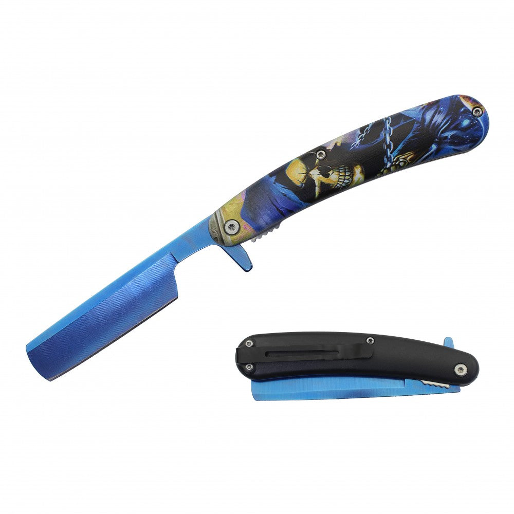 Spring Assist Folding Knife Straight Razor 4" Blade Skull Grim Reaper - Tophatter's Guns'N'Weapons Store Collectible Weapons - Tophatter Daily Deals