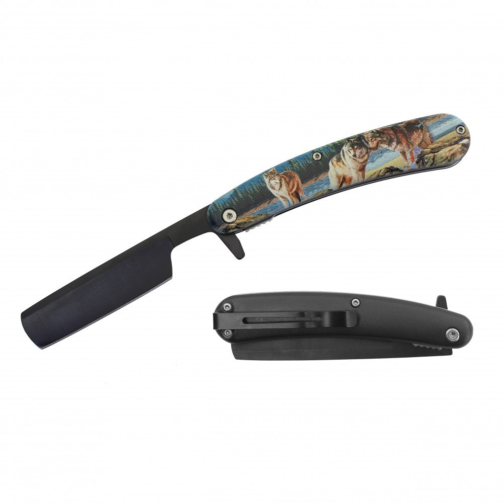 Spring Assist Folding Knife Straight Razor 4" Blade Wolf - TOPHATTER'S ARMORY DEALS Collectible Weapons - Tophatter Daily Deals