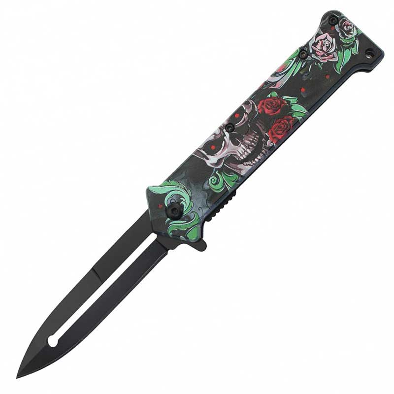 8" Skull Roses Spring Assisted Opening Joker Knife - Tophatter's Guns'N'Weapons Store Collectible Weapons - Tophatter Daily Deals