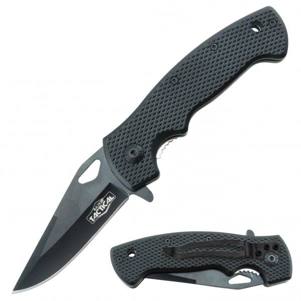 Black Tactical Spring Assisted Knife With Textured Grip Handle - TOPHATTER'S ARMORY DEALS Collectible Weapons - Tophatter Daily Deals