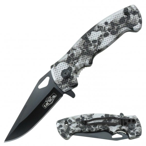 Grey Skull Tactical Spring Assisted Knife With Textured Grip Handle - TOPHATTER'S ARMORY DEALS Collectible Weapons - Tophatter Daily Deals