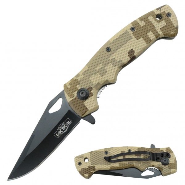 Digital Desert Camo Tactical Spring Assisted Knife With Textured Grip Handle - Tophatter's Guns'N'Weapons Store Collectible Weapons - Tophatter Daily Deals