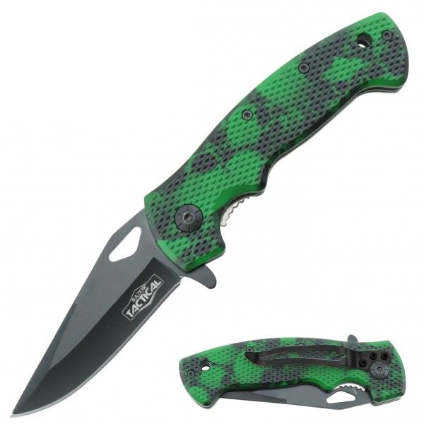 Green Skull Tactical Spring Assisted Knife With Textured Grip Handle - TOPHATTER'S ARMORY DEALS Collectible Weapons - Tophatter Daily Deals