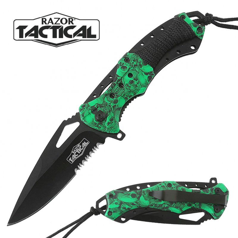 Spring Assist - 'Legal Auto Knife' - Military Fighter - Green Skulls - Tophatter's Guns'N'Weapons Store Collectible Weapons - Tophatter Daily Deals