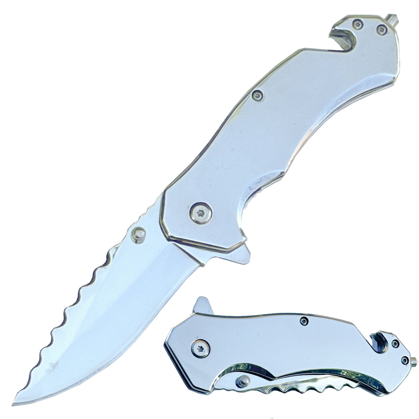 8" Silver Titanium Spring Assisted Rescue Tactical Folding Knife - Tophatter's Guns'N'Weapons Store Collectible Weapons - Tophatter Daily Deals