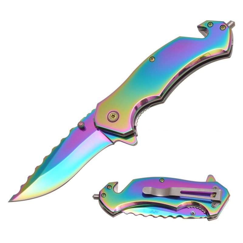 8" Rainbow Spring Assisted Rescue Tactical Folding Knife - TOPHATTER'S ARMORY DEALS Collectible Weapons - Tophatter Daily Deals
