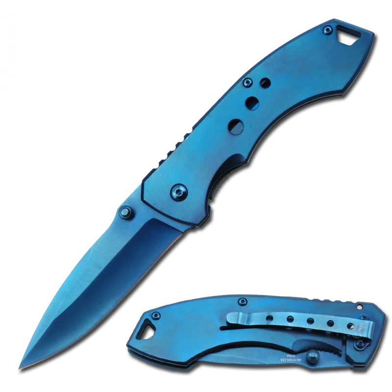 Blue Titanium Spring Assisted Open Tactical Folding Pocket Knife - Tophatter's Guns'N'Weapons Store Collectible Weapons - Tophatter Daily Deals