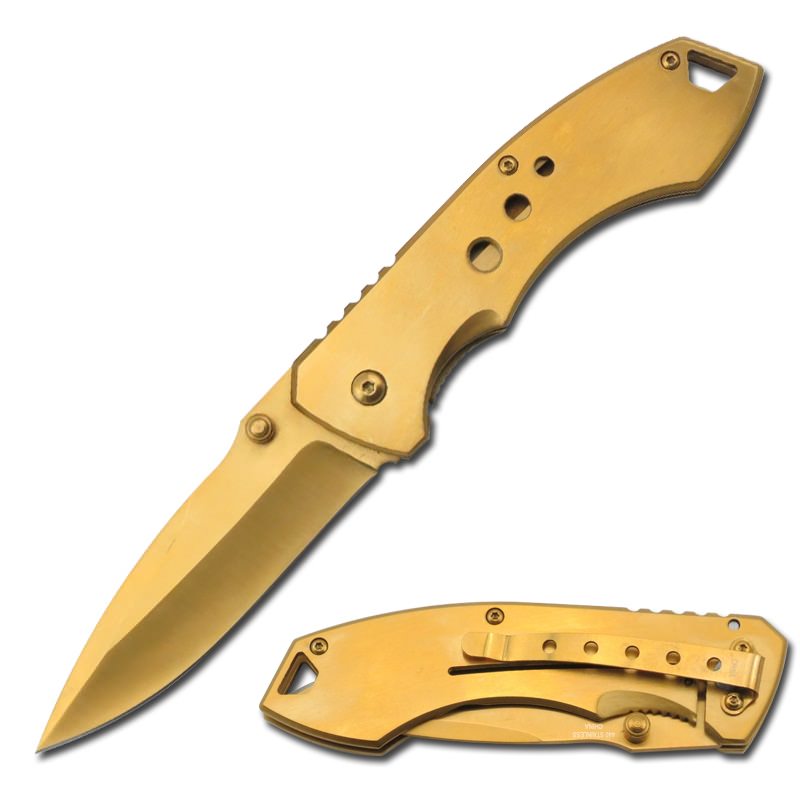 Golden Titanium Spring Assisted Open Tactical Folding Pocket Knife - Tophatter's Guns'N'Weapons Store Collectible Weapons - Tophatter Daily Deals