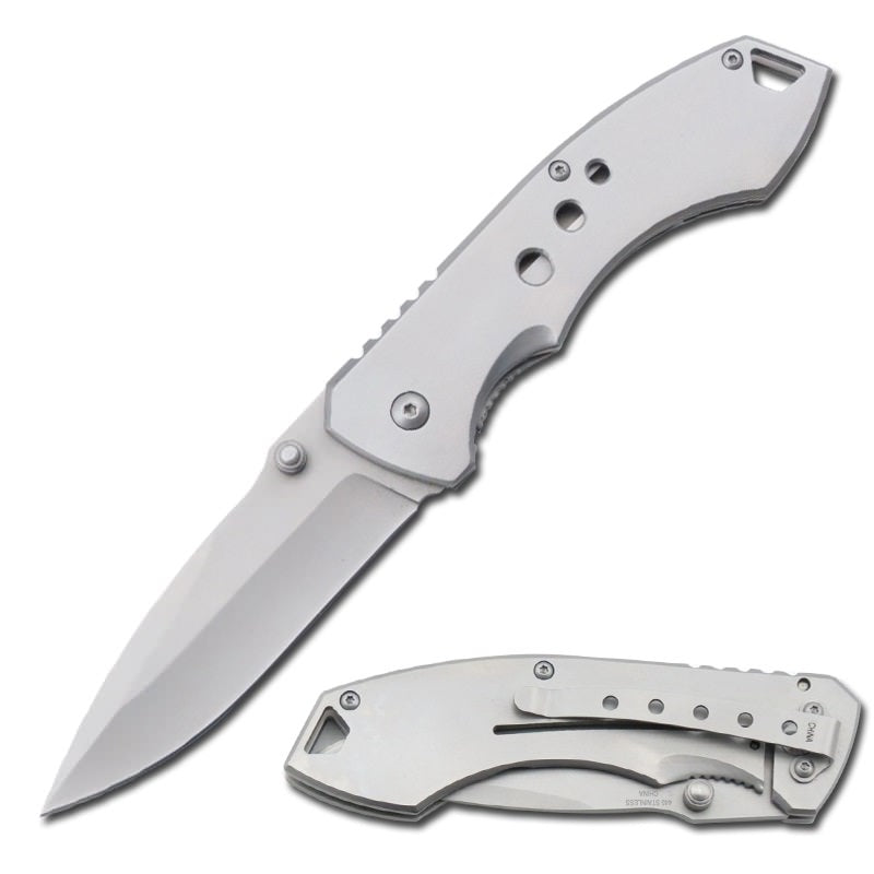 Silver Titanium Spring Assisted Open Tactical Folding Pocket Knife - TOPHATTER'S ARMORY DEALS Collectible Weapons - Tophatter Daily Deals