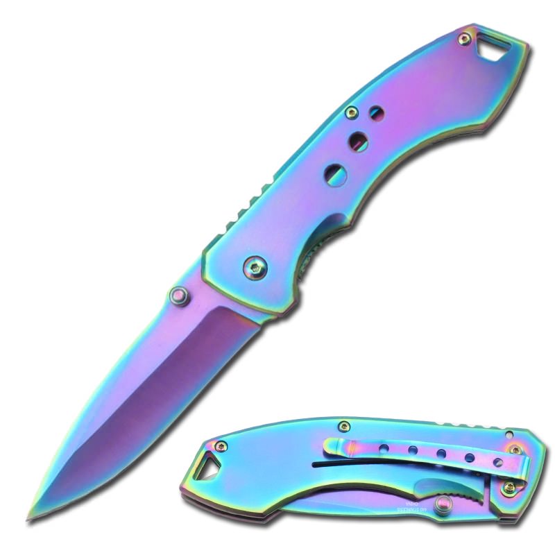 Rainbow Titanium Spring Assisted Open Tactical Folding Pocket Knife Collectible Weapons - Tophatter Daily Deals