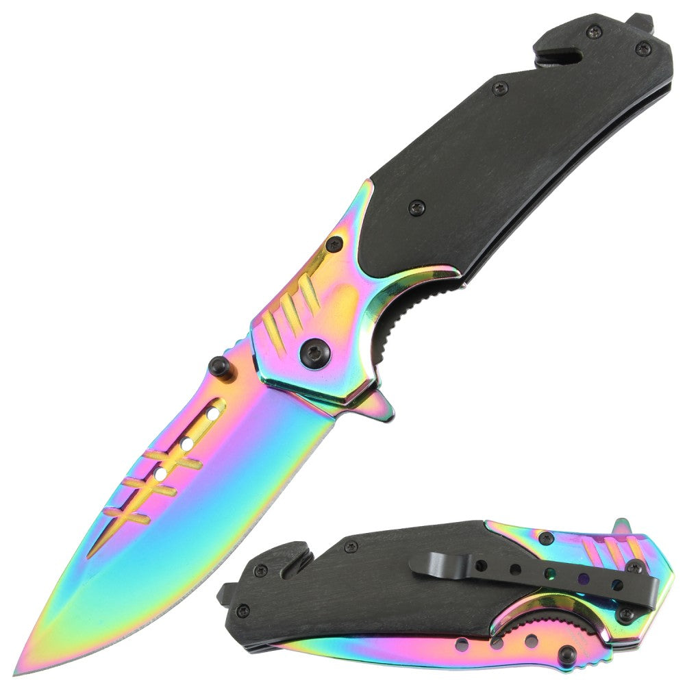 Rainbow Titanium Fade Tactical Spring Assisted Pocket Knife Collectible Weapons - Tophatter Daily Deals