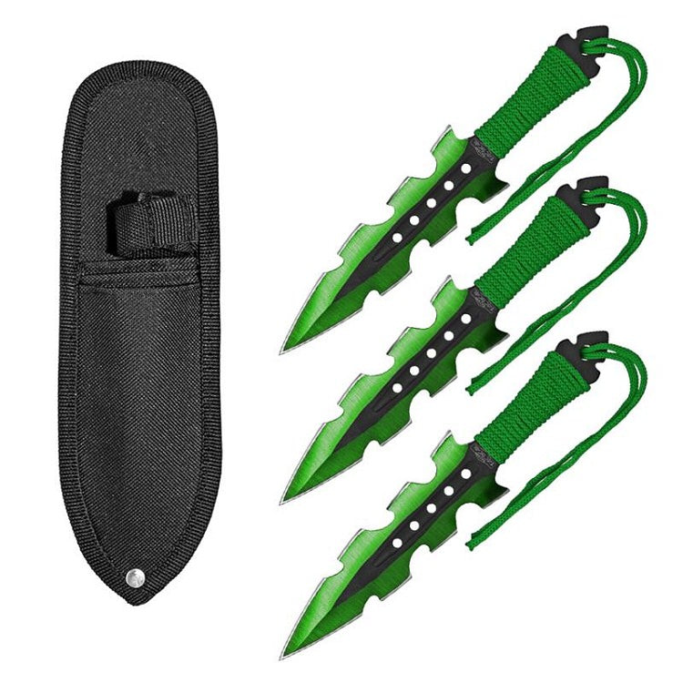7.5 Inch Jagged Dagger Point 3 PC Throwing Knives Set Green - Tophatter's Guns'N'Weapons Store Collectible Weapons - Tophatter Daily Deals