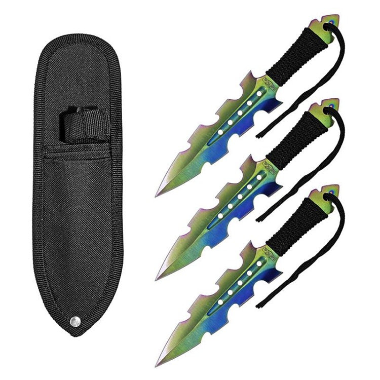 7.5 Inch Jagged Dagger Point 3 PC Throwing Knives Set Titanium - Tophatter's Inc. Weapons Store Online Collectible Weapons - Tophatter Daily Deals