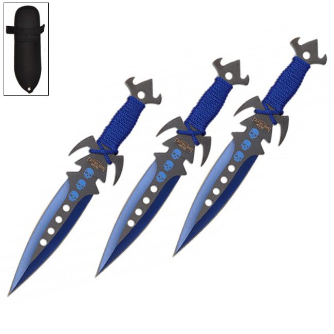 7.5 Inch Deadly Triad of Skulls Dagger Point 3 PC Throwing Knives Set Blue - Tophatter's Inc. Weapons Store Online Collectible Weapons - Tophatter Daily Deals