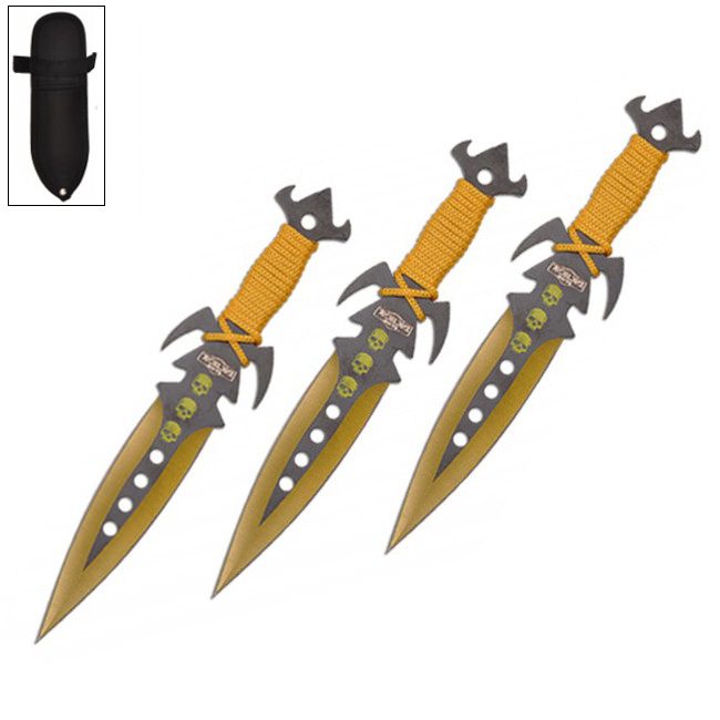 7.5 Inch Deadly Triad of Skulls Dagger Point 3 PC Throwing Knives Set Yellow - Tophatter's Inc. Weapons Store Online Collectible Weapons - Tophatter Daily Deals
