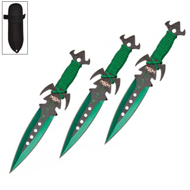 7.5 Inch Deadly Triad of Skulls Dagger Point 3 PC Throwing Knives Set Green - Tophatter's Army Products & Self Defense Collectible Weapons - Tophatter Daily Deals