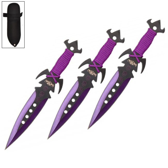 7.5 Inch Deadly Triad of Skulls Dagger Point 3 PC Throwing Knives Set Purple - Tophatter's Guns'N'Weapons Store - FREE SHIPPING Collectible Weapons - Tophatter Daily Deals
