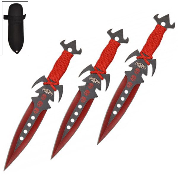 7.5 Inch Deadly Triad of Skulls Dagger Point 3 PC Throwing Knives Set Red - Tophatter's Army Products & Self Defense Collectible Weapons - Tophatter Daily Deals