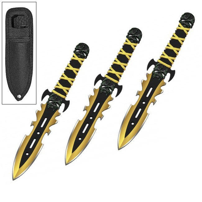 3PC 7.5" Gold Demon Ninja Tactical Combat Throwing Knife Set With Sheath - Tophatter's Guns'N'Weapons Store - FREE SHIPPING Collectible Weapons - Tophatter Daily Deals