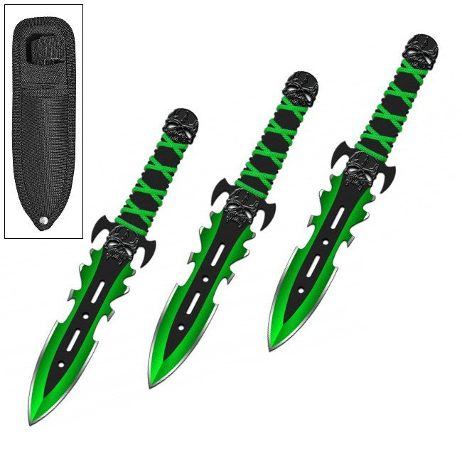 3PC 7.5" Green Demon Ninja Tactical Combat Throwing Knife Set With Sheath - Tophatter's Guns'N'Weapons Store Collectible Weapons - Tophatter Daily Deals