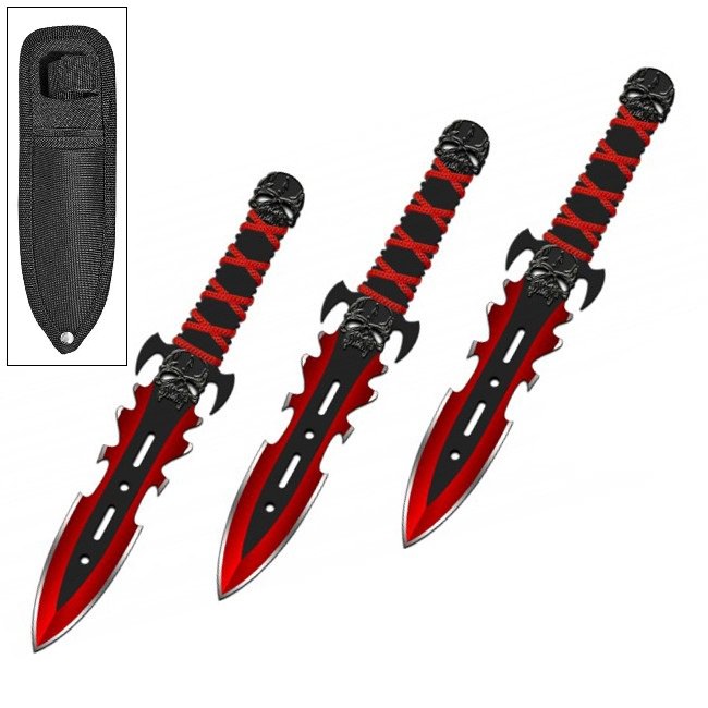 3PC 7.5" Red Demon Ninja Tactical Combat Throwing Knife Set With Sheath - Tophatter's Guns'N'Weapons Store Collectible Weapons - Tophatter Daily Deals